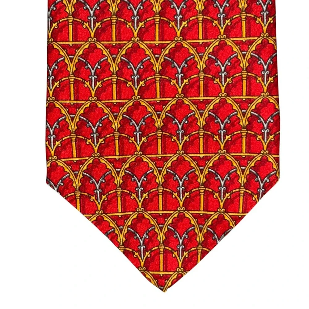 Vintage Pierre Balmain 100% Silk Tie Red‎ Gold Gothic Arches France 3.75x59